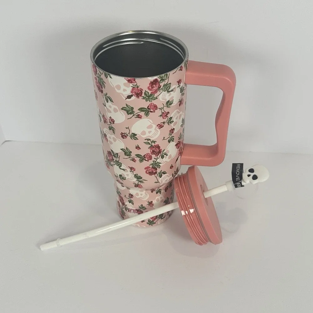 Betsey Johnson Skull Rose Pink 30oz Tumbler Handle Straw Insulated